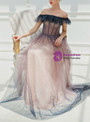 In Stock:Ship in 48 Hours Pink Tulle Sequins Off the Shoulder Long Prom Dress