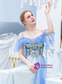 In Stock:Ship in 48 Hours Blue Tulle Spaghetti Straps Appliques Beading Prom Dress