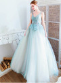 Temperament In Stock:Ship in 48 Hours Light Blue V-neck Tulle Appliques Pleats Prom Dress