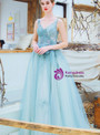 Temperament In Stock:Ship in 48 Hours Light Blue V-neck Tulle Appliques Pleats Prom Dress