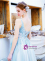 Temperament In Stock:Ship in 48 Hours Light Blue V-neck Tulle Appliques Pleats Prom Dress
