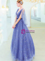 Polished In Stock:Ship in 48 Hours Blue Tulle Sequins Deep V-neck Formal Prom Dress