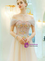 Modern In Stock:Ship in 48 Hours Pink Tulle Off the Shoulder Appliques Beading Prom Dress