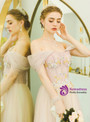 Modern In Stock:Ship in 48 Hours Pink Tulle Off the Shoulder Appliques Beading Prom Dress