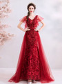 Elegant In Stock:Ship in 48 Hours Dark Red Mermaid Lace Tulle V-neck Prom Dress