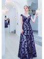 Modern In Stock:Ship in 48 Hours Dark Blue Tulle Sequins Appliques Cap Sleeve Prom Dress