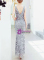 Glamorous In Stock:Ship in 48 Hours Silver Tassels Mermaid Sequins V-neck Prom Dress