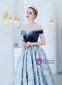 Classic In Stock:Ship in 48 Hours A-Line Blue Satin Off the Shoulder Long Prom Dress