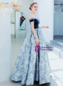 Classic In Stock:Ship in 48 Hours A-Line Blue Satin Off the Shoulder Long Prom Dress