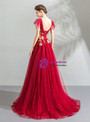 Modern In Stock:Ship in 48 Hours Red Tulle V-neck Backless Appliques Prom Dress