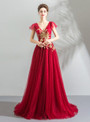 Modern In Stock:Ship in 48 Hours Red Tulle V-neck Backless Appliques Prom Dress