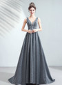 Fashion In Stock:Ship in 48 Hours Silver Satin Deep V-neck Beading Sleeveless Prom Dress