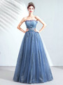 In Stock:Ship in 48 Hours Blue Tulle Sequins Strapless Long Prom Dress