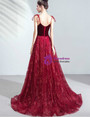 In Stock:Ship in 48 Hours Burgundy Tulle Velvet Spaghetti Straps Sequins Prom Dress