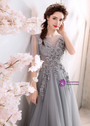 In Stock:Ship in 48 Hours Gray Tulle Appliques Beading Backless Prom Dress