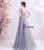 In Stock:Ship in 48 Hours Gray Tulle Appliques Beading Backless Prom Dress