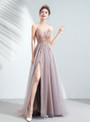 In Stock:Ship in 48 Hours Pink Tulle Spaghetti Straps Beading Prom Dress With Split