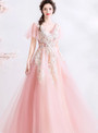 In Stock:Ship in 48 Hours Pink V-neck Tulle Embroidery Appliques Princess Prom Dress