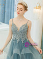 In Stock:Ship in 48 Hours Blue Tulle Appliques Beading Spagehtti Straps Prom Dress