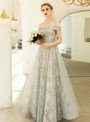 In Stock:Ship in 48 Hours Gray Tulle Sequins Off the Shoulder Sequins Prom Dress
