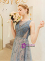 In Stock:Ship in 48 Hours Blue Tulle Backless Sequins Pleats Backless Prom Dress