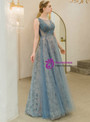 In Stock:Ship in 48 Hours Blue Tulle Backless Sequins Pleats Backless Prom Dress