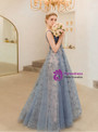 In Stock:Ship in 48 Hours Blue Tulle Backless Sequins Pleats Backless Prom Dress