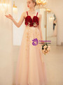 In Stock:Ship in 48 Hours Champagne Tulle Burgundy Velvet Appliques Prom Dress
