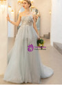 In Stock:Ship in 48 Hours Simple Gray Sppaghetti Straps Tulle Appliques Prom Dress