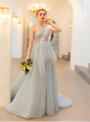 In Stock:Ship in 48 Hours Simple Gray Sppaghetti Straps Tulle Appliques Prom Dress