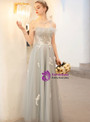 In Stock:Ship in 48 Hours Gray Spaghetti Straps Tulle Appliques Pleats Prom Dress