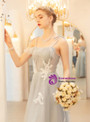 In Stock:Ship in 48 Hours Gray Spaghetti Straps Tulle Appliques Pleats Prom Dress