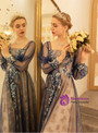 In Stock:Ship in 48 Hours Blue Tulle Sequins Square Long Sleeve Appliques Prom Dress
