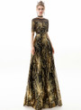 In Stock:Ship in 48 Hours Gold Black Sequins Short Sleeve Long Prom Dress