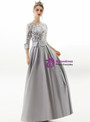 In Stock:Ship in 48 Hours Silver Gray Satin Sequins 3/4 Sleeve Prom Dress