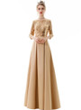 Attractive In Stock:Ship in 48 Hours Simple Gold Satin Sequins 3/4 Sleeve Prom Dress