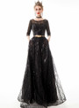 In Stock:Ship in 48 Hours A-line Black Tulle Sequins 3/4 Sleeve Prom Dress With Pocket