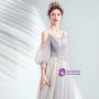 Brilliant In Stock:Ship in 48 Hours Gray Tulle Puff Sleeve V-neck Beading Prom Dress