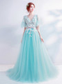 Wonderful In Stock:Ship in 48 Hours Sexy Blue Tulle V-neck Appliques Prom Dress With Bow