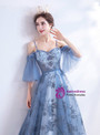 In Stock:Ship in 48 Hours Blue Tulle Spaghetti Straps Sequins Appliques Beading Prom Dress