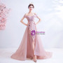 In Stock:Ship in 48 Hours Pink Tulle Off the Shoulder Appliques Beading Prom Dress With Split