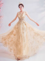 Casual In Stock:Ship in 48 Hours Gold Scoop Neck Tulle Seuqins Backless Prom Dress