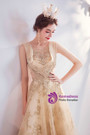 Casual In Stock:Ship in 48 Hours Gold Scoop Neck Tulle Seuqins Backless Prom Dress