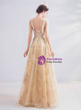 Casual In Stock:Ship in 48 Hours Gold Scoop Neck Tulle Seuqins Backless Prom Dress