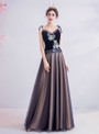 Queenly In Stock:Ship in 48 Hours Simple Dark Blue Tulle V-neck Appliques Prom Dress