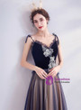 Queenly In Stock:Ship in 48 Hours Simple Dark Blue Tulle V-neck Appliques Prom Dress