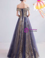 Cheap In Stock:Ship in 48 Hours Purple Tulle Off the Shoulder Appliques Formal Prom Dress
