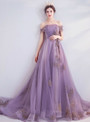 Latest In Stock:Ship in 48 Hours Purple Tulle Off the Shoulder Beading Pleats Prom Dress