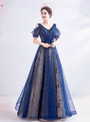 Elegance In Stock:Ship in 48 Hours Blue Tulle Sequins V-neck Beading Pleats Prom Dress