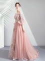 Advanced In Stock:Ship in 48 Hours Pink Tulle Embroidery Short Sleeve Off ther Shoulder Prom Dress